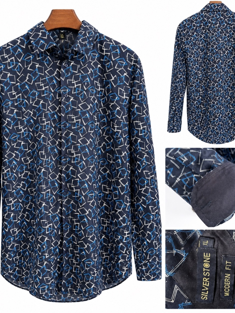 SilverStone Modern Fit Navy Geometric Print Dress Shirt
